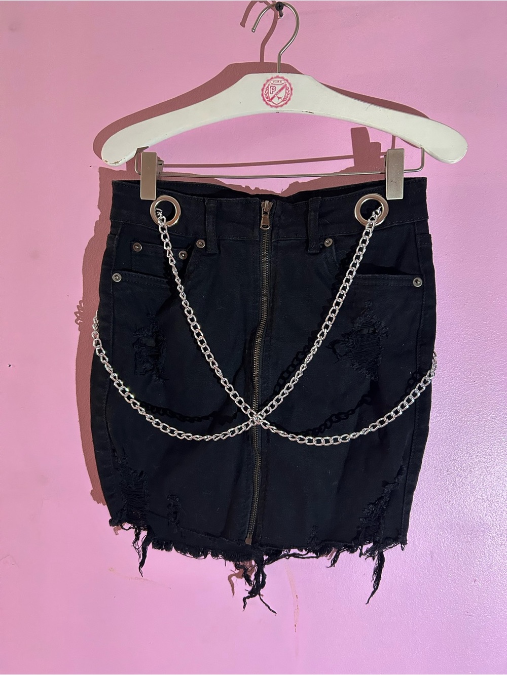 Fashion Nova Black Distressed Mini Skirt with Silver Chain